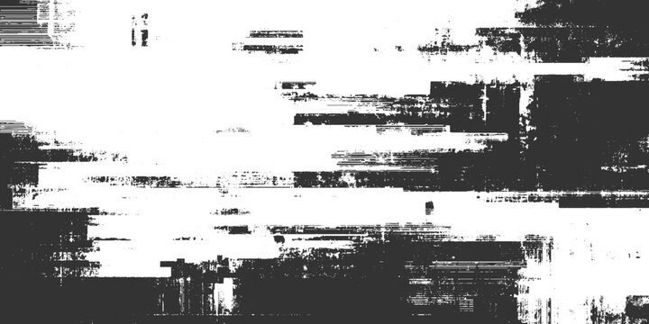 Black and white abstract glitch texture with horizontal lines and pixelated noise background