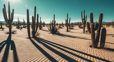 Desert landscape with tall cacti plants standing on sandy dunes under bright sunny sky with clear blue horizon and long shadows