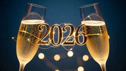 Champagne flutes with golden 2026 and string lights, close-up on a dark blue background, celebratory mood.