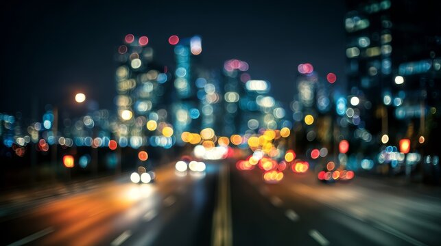 Blurred city skyline background with urban travel adventure and bokeh street lights - Powered by Adobe