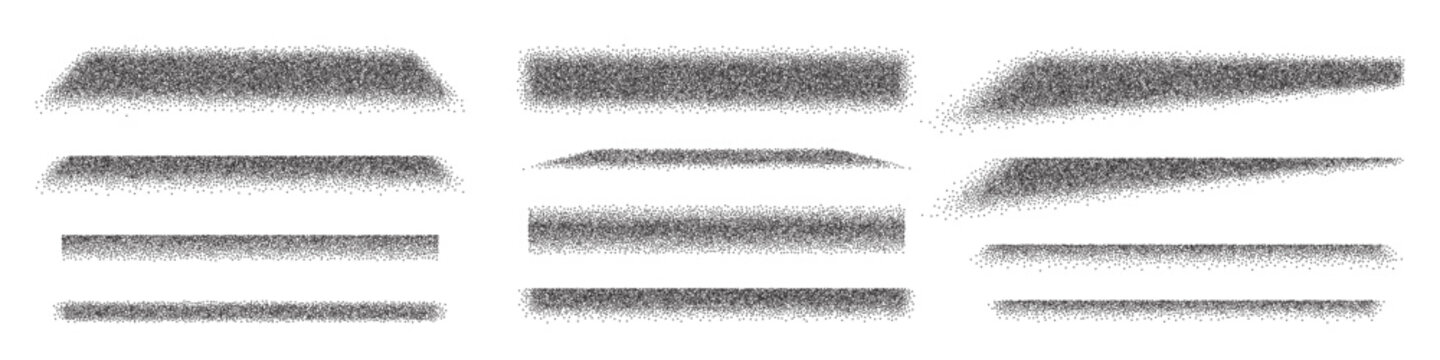 Black borders with noise grain texture. Vector edge shadows set with gradient stipple dots