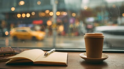 Travel journal and coffee cup with blurred cafe window background for planning