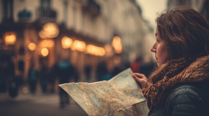 Woman reading map with blurred European street background and warm bokeh