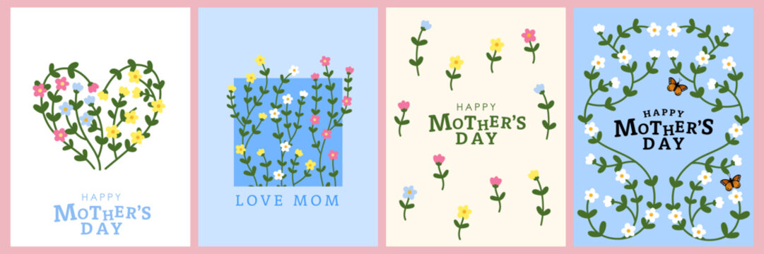 Happy Mother's Day greeting card with cute flower template. Season of spring background. -Vector.
