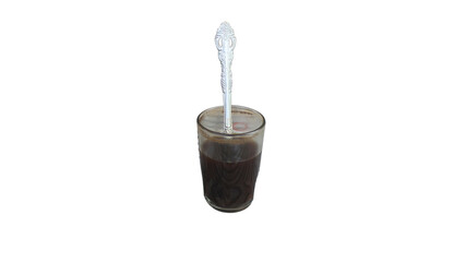 A glass of traditional black coffee with a metal spoon, isolated on transparent background. Perfect for food, cafe, and beverage design projects