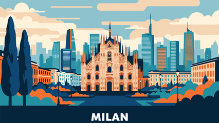 Obraz premium Milan Skyline Illustration Featuring the Duomo Cathedral and Modern Architecture