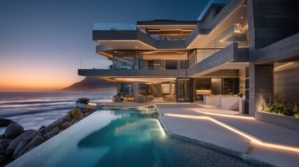 Fototapeta premium A luxurious clifftop mansion with layered terraces infinity pool and glass balustrades Ocean waves blur softly background while
