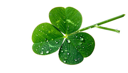 Close-up of a three-leaf clover, glistening with water droplets, against a black background