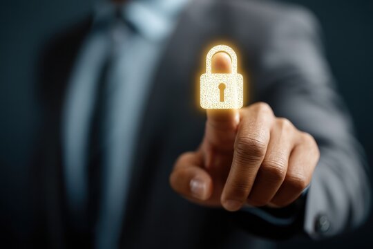 Executive finger touches glowing digital padlock icon ensuring strong. - Powered by Adobe