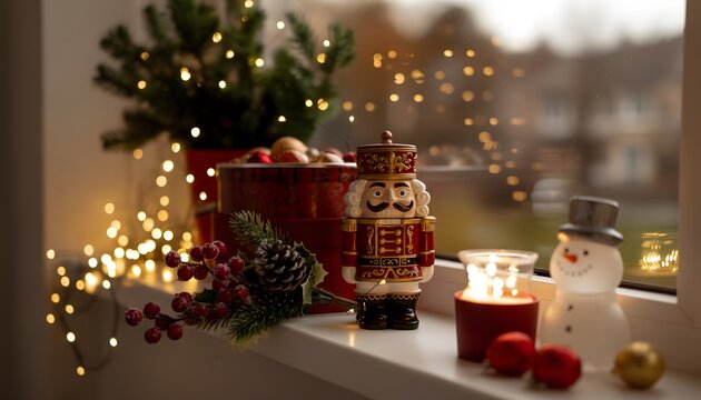 Cozy Christmas Nutcracker Decor on a Windowsill - Powered by Adobe
