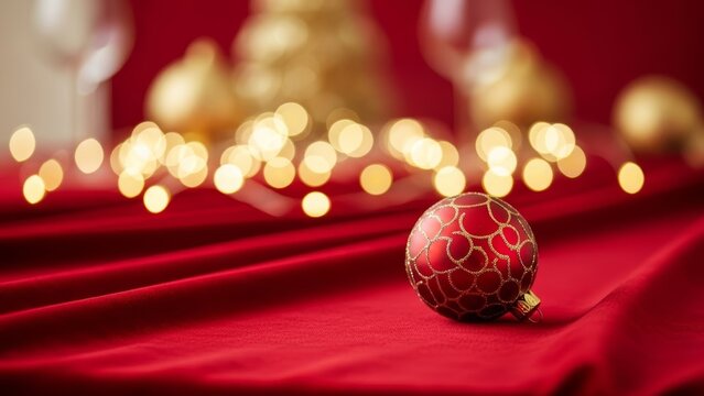 Red Christmas ornament on satin with bokeh lights - Powered by Adobe