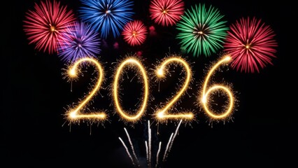 Festive fireworks illuminate the night sky behind the year 2026 written in bright sparklers.