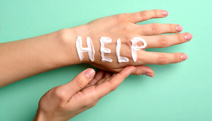 Hydration moisture skin winter dry care wellness routine self care beauty health protection HELP spelled with cream hand as gentle winter skin care routine promoting hydration and protection