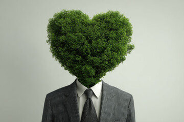 Conceptual microstock image depicting a person in a suit with a vibrant, heartshaped green bush as their head, symbolizing ecoconscious business ethics and sustainable practices