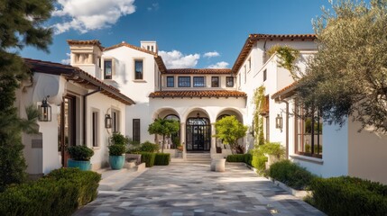 Naklejka premium A Mediterranean inspired villa exterior with white stucco walls terracotta roofing and arched entryways central courtyard with patterned