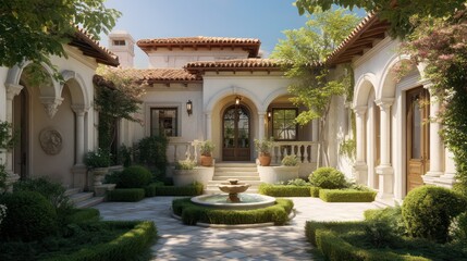 Fototapeta premium A Mediterranean villa exterior with stucco walls arched doorways and terracotta roofs symmetrical courtyard with trimmed hedges and
