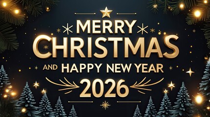 Merry Christmas and Happy New Year 2026 Luxury Gold Text with Winter Snow Background