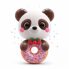 Adorable panda-shaped chocolate donut with sprinkles and strawberry garnish.
