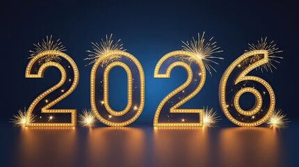 Golden 2026 New Year Numbers with Sparkling Fireworks on Dark Blue Background