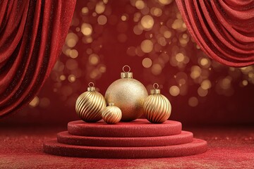 Golden Christmas Ornaments on Red Glitter Stage