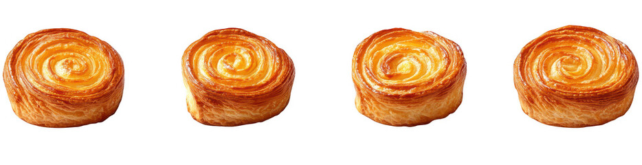 Fototapeta premium A close-up view of four freshly baked. golden-brown pastries arranged in a row. their flaky texture and spiral design. perfect for a bakery display or culinary magazine