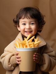 A cheerful little boy enjoying crispy french fries under warm natural light. The cozy background and cute smile capture a happy food moment.