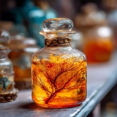Vintage glass bottle with golden liquid and tree branches on a shelf