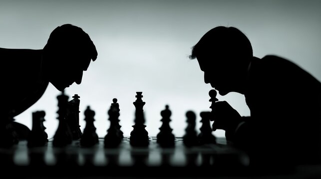Two players silhouette leaning over wooden chess set during intense.