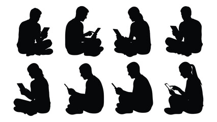 Diverse group of people engrossed in reading depicted in a striking black silhouette © JASMIN