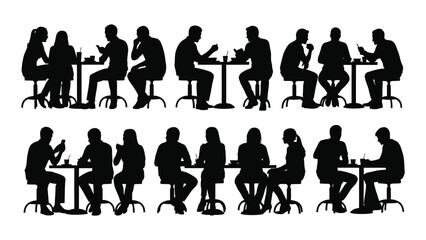A collection of people seated at tables and chairs in a striking silhouette