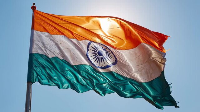 Indian flag tiranga waving against a bright clear blue sky with sun shining through vibrant saffron and green fabric, symbolizing patriotism, national pride, and freedom