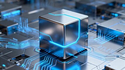 Futuristic cube on circuit board