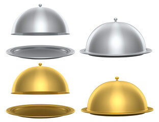 Set of tray with cloche ready to serve isolated on white background