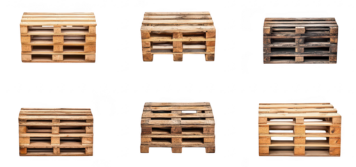 A collection of six wooden pallets in various styles and finishes. their versatility for storage and transport. set against a clean white background for a minimalist look