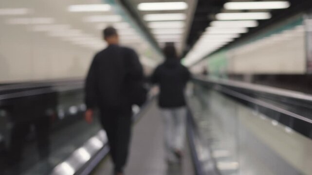 Slow motion and blurred background of moving escalator as walkway in the airport or metro station seeing traveler with luggage shows concept of public transportation for business and vacation travel.