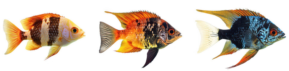 Fototapeta premium A display of three colorful tropical fish swimming gracefully. their unique patterns and colors against a soft. blurred background. ideal for aquatic-themed projects