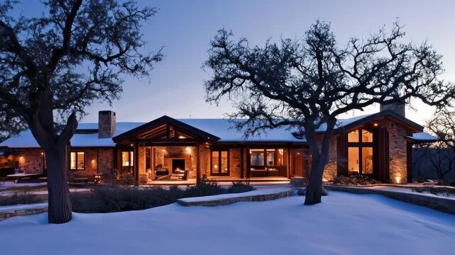 A cozy traditional ranch cabin in a snowy landscape at dusk, with warm lights glowing inside.