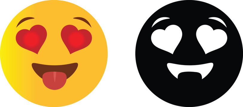 Yellow emoji face with red heart eyes and playful tongue and a black vampire emoji counterpart with fangs Vector