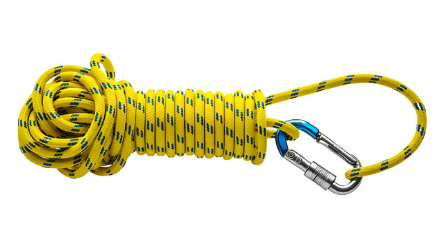 Yellow climbing rope with metal carabiner isolated on white background
