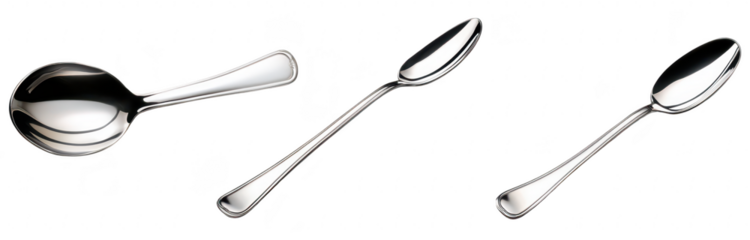 A collection of three elegant stainless steel spoons of varying sizes arranged artistically on a clean white background. their sleek design and shine. ideal for culinary or dining themes