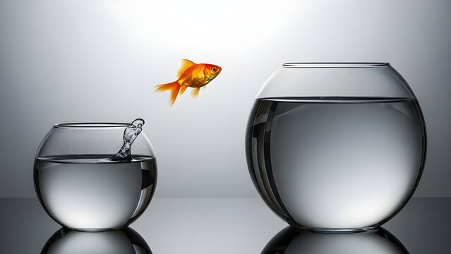 A goldfish jumping out of a small bowl into a larger one, symbolizing freedom and growth, with a gray background.