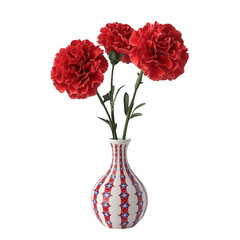 Obraz premium A arrangement of three red carnations in a decorative white vase adorned with blue stars and red stripes. set against a clean. minimalist background. ideal for home decor inspiration
