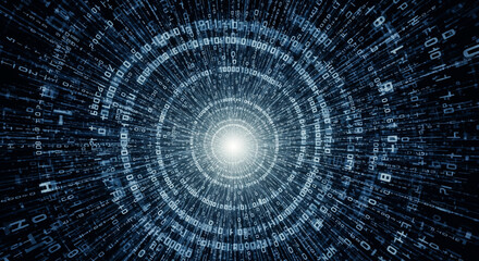 Data Tunnel: A mesmerizing visual representation of data streams, spiraling towards a bright core, symbolizing the interconnectedness of information in the digital age. 