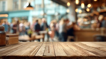 Empty wooden table in with blurred coffee shop crowd background