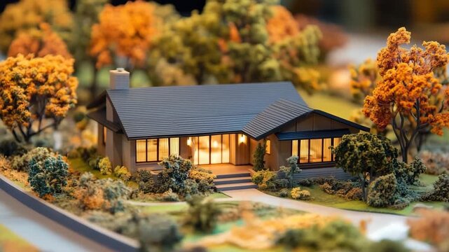Miniature model of a modern traditional ranch house surrounded by autumn trees.