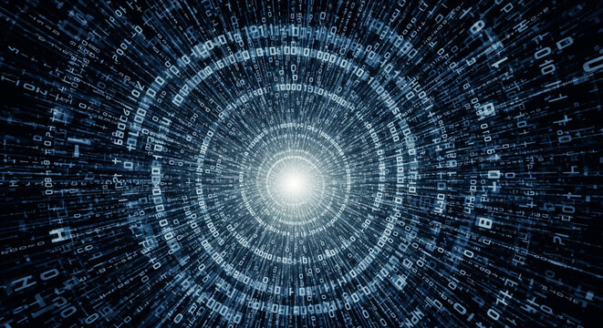Data Tunnel: A mesmerizing visual representation of data streams, spiraling towards a bright core, symbolizing the interconnectedness of information in the digital age. - Powered by Adobe