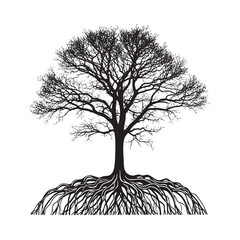 Black and white of a tree with visible roots and branches nature