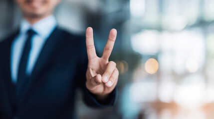 Man in suit showing peace sign with fingers, symbolizing victory and positivity in blurred office background