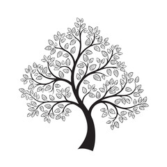 Black and white stylized tree with detailed leaves on a white background silhouette