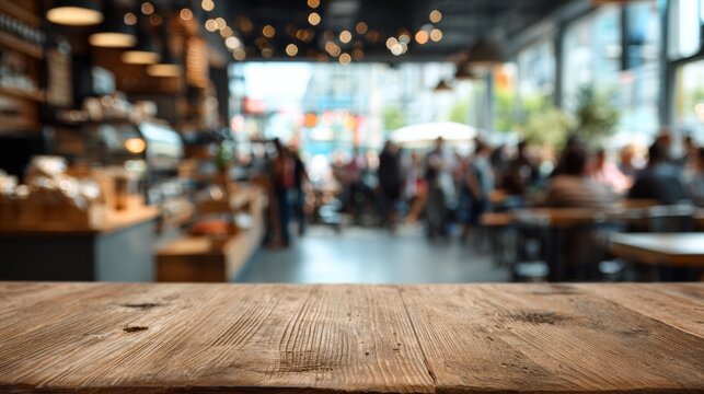 Empty wooden table in with blurred coffee shop crowd background